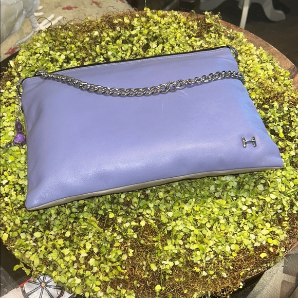 Halston Heritage Purple & Tan Clutch with Silver Chain & Logo 10.5”x 8.5” New - Picture 10 of 10